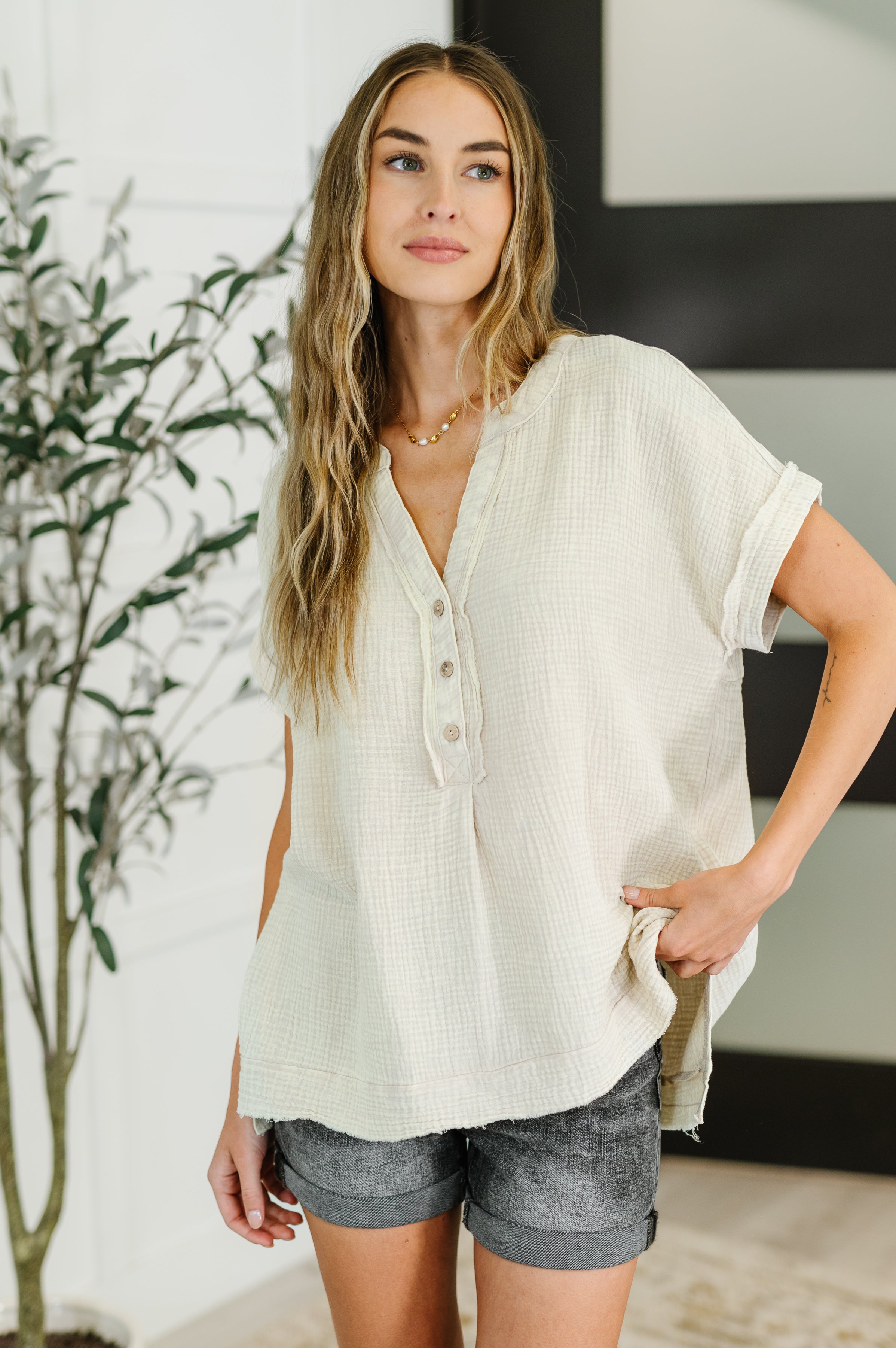 Basic Fade V-Neck Acid Wash Top in Sand Beige - Charming Charlie