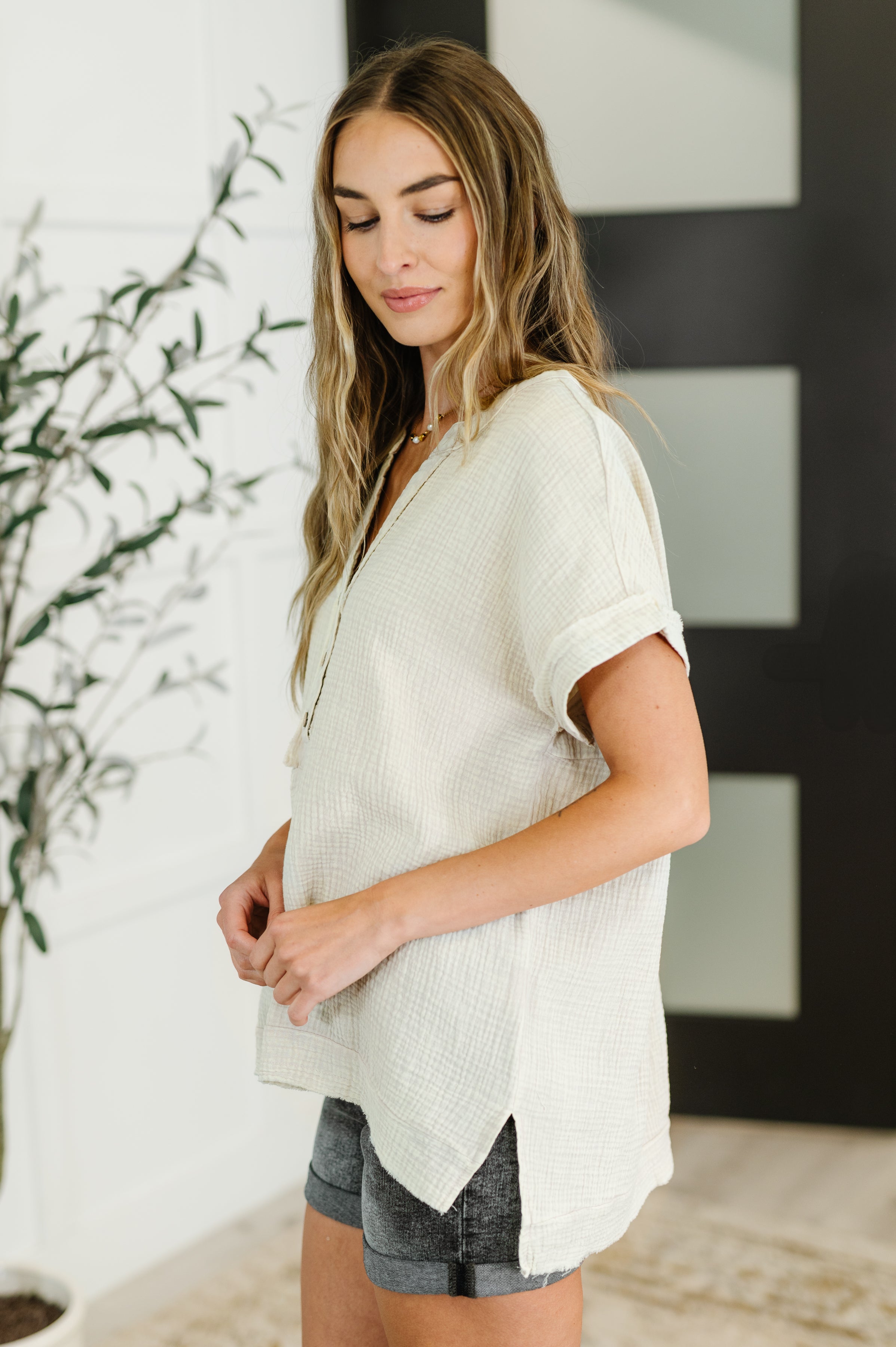 Basic Fade V-Neck Acid Wash Top in Sand Beige - Charming Charlie