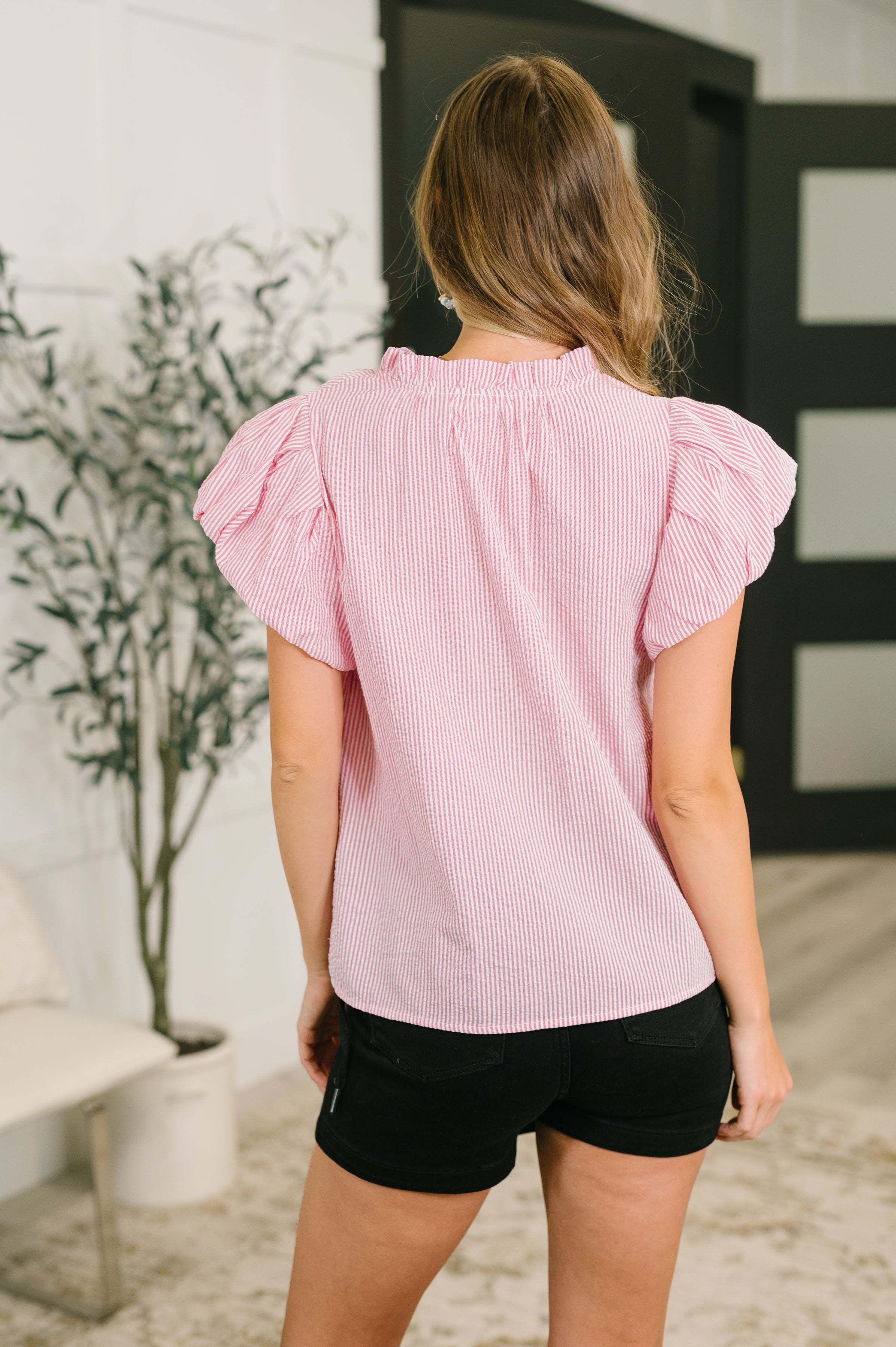 Beauty & Brains Textured Split Neck Blouse - Charming Charlie