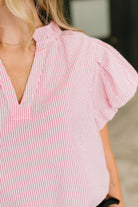Beauty & Brains Textured Split Neck Blouse - Charming Charlie