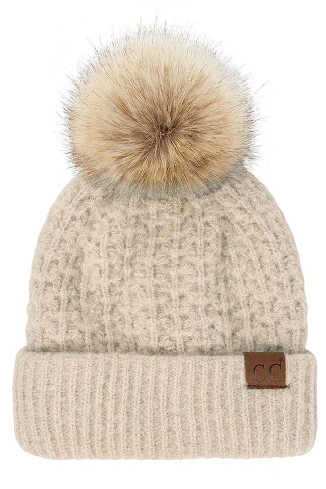 Beige C.C Smocking Stitch Pattern Pom Beanie Hat, Warm Winter Beanie Hat; before running out the door into the cool air, you’ll want to reach for this toasty beanie to keep you incredibly warm. Comfortable beanie keep your head and ear warm during the winter. Awesome winter gift accessory!  This smocking stitch pattern pom beanie can be worn both casual and sophisticated wear and also perfect for outdoor fashion, including biking, camping, ice skating, snowboarding, running and more.