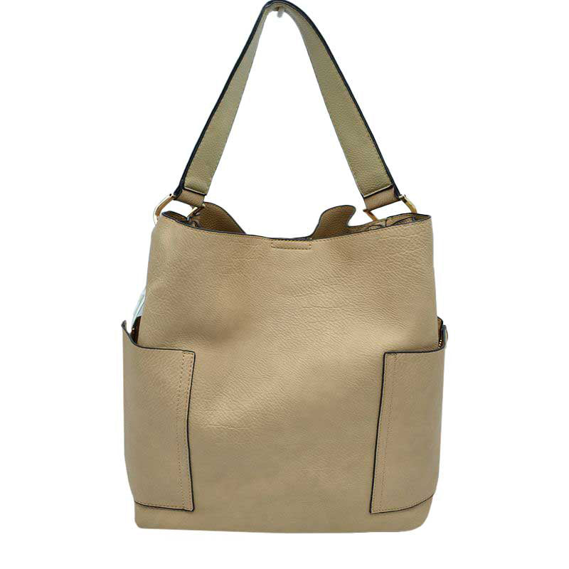 Beige 2in1 Chic Satchel Side Pocket With Long Strap Bucket Bag, This casual crossbody bucket bag is super soft Vegan leather and has convenient side pockets to carry water bottles, phones, or glasses and a removable zipper pouch. Gold hardware. Extra bag inside and strap to make it a crossbody. Perfect for carrying around your stuff, this bag is big enough for all your daily essentials.