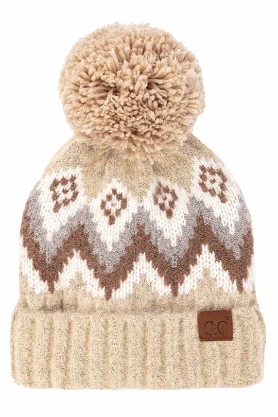 Beige C C Soft Aztec Pattern Beanie with Knit Pom, is beautifully knitted with variety of colors and design that brings a unique look. Coordinate with any outfit to match the best with absolute warmth and coziness in style. This is an ideal winter head cover that comes in one size winter cap with a pom that fits most head sizes. Perfect winter gift accessory for your friends, family and the persons you love.