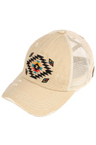 Beige C.C AZTEC PATCH DISTRESSED PONY CAP is a stylish and versatile accessory that combines functionality with fashion. Made of high-quality materials, it features an eye-catching aztec patch design and a distressed finish for a trendy look. Stay protected from the sun and add a touch of personality to your outfit with this must-have cap.