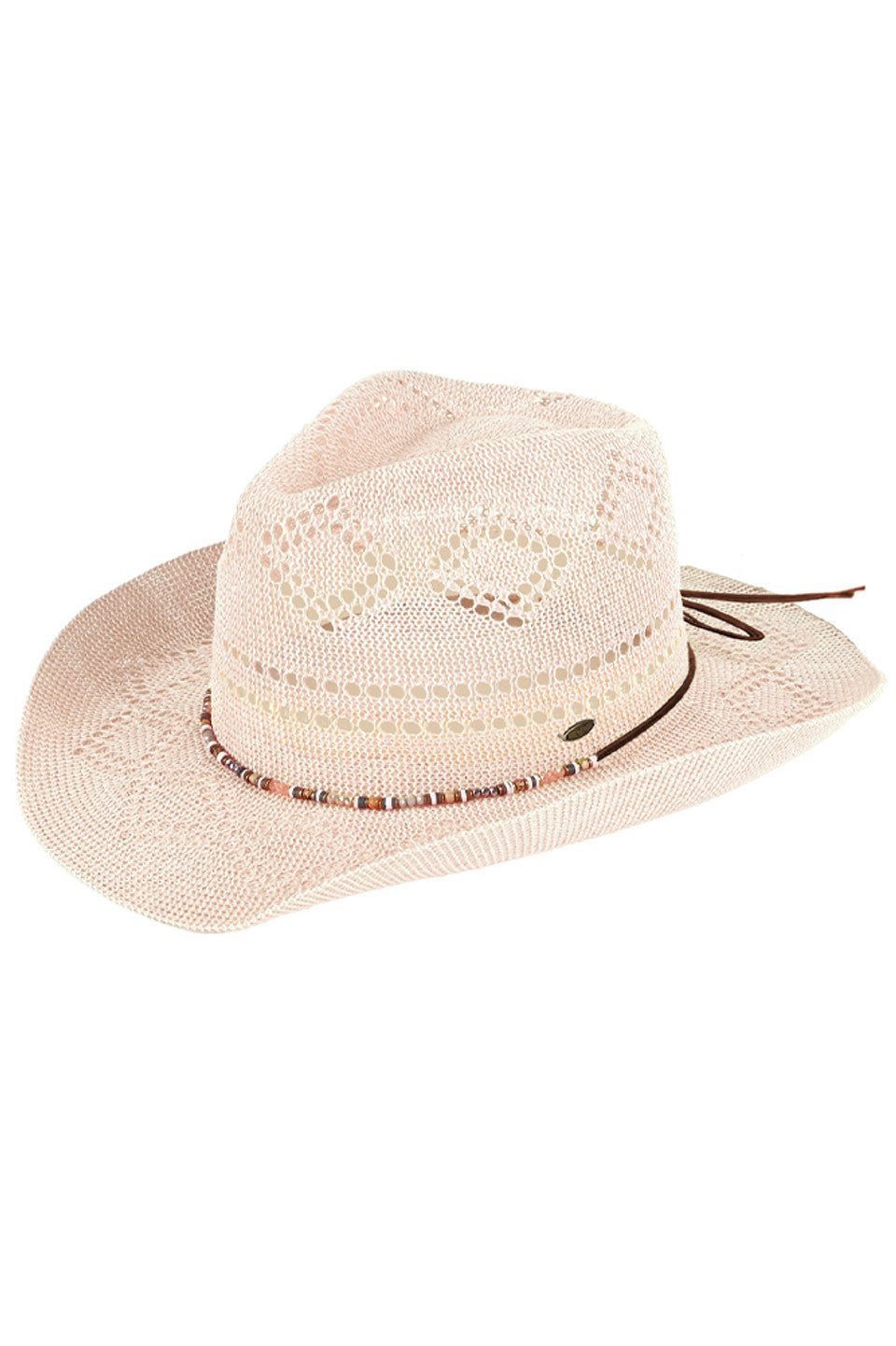 Beige C.C Beaded Charm Trim Woven Cowboy Hat is the perfect accessory for any western inspired look. With intricate beaded charm trim, this hat adds a touch of elegance to its woven design. Made from durable materials, it provides both style and functionality. Upgrade your outfit with this stylish cowboy hat.