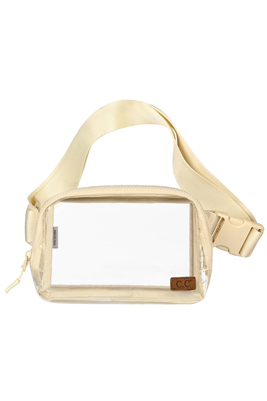 Beige C.C Clear Stadium Fanny Pack is the perfect accessory for any event or outing where clear bags are required. Keep your hands free and your belongings secure in this stylish pack, made from durable materials and designed with convenience in mind. Stay organized and compliant with this must-have accessory.