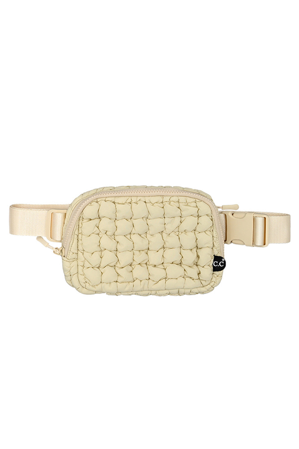 Beige C.C Quilted Puffer Fanny Pack is a stylish and functional accessory for any on-the-go individual. Made with durable quilted material, this fanny pack provides convenient storage for your essentials while remaining comfortable to wear. Perfect for travelers, runners, and outdoor enthusiasts.