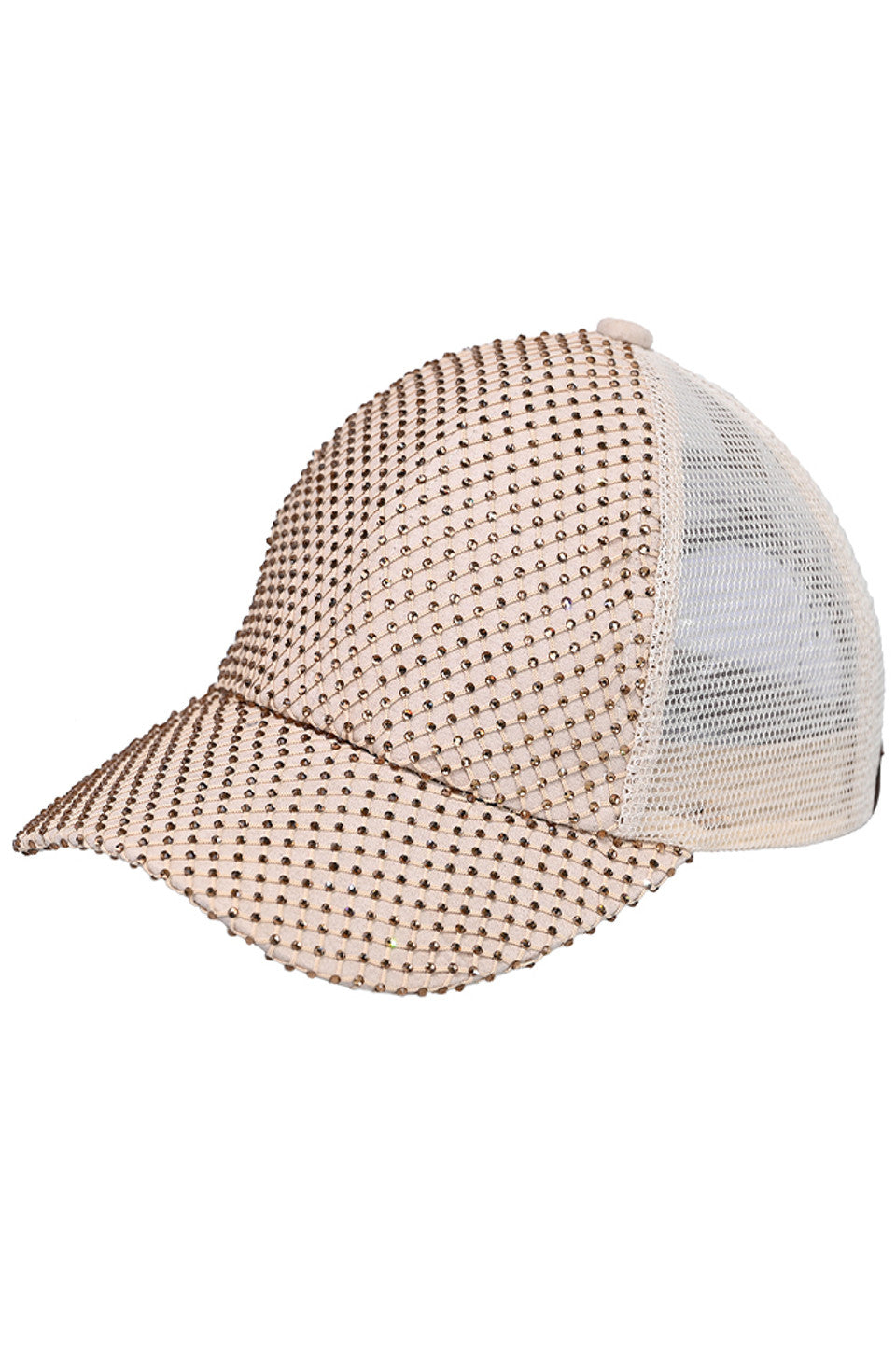Beige C.C Rhinestone Net Baseball Cap combines fashion and function with its trendy design and durable construction. Featuring sparkling rhinestones and a breathable net design, this cap is the perfect accessory for any outdoor activity. Made with high-quality materials, it offers both style and comfort for all-day wear.