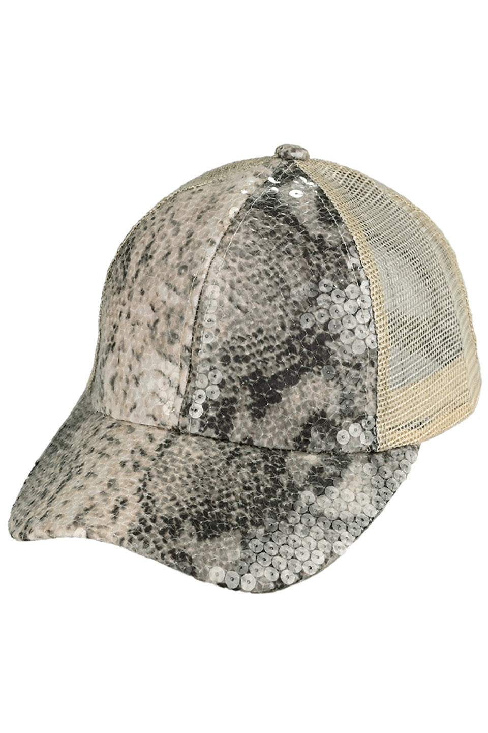 Beige C.C Snake Pattern Liquid Sequin Criss Crossed Cap adds a touch of glamour to any outfit with its unique snake pattern and liquid sequin design. Made with high-quality materials, this cap is both stylish and durable. Perfect for any fashion-forward individual.
