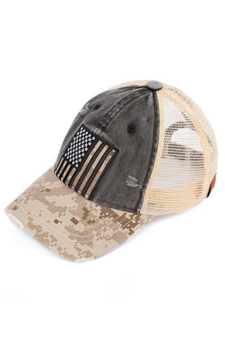 Beige C.C US FLAG MESH PONYCAP is perfect for those looking for a stylish, patriotic accessory. Made with breathable mesh and featuring an American flag patch, this ponytail cap is both functional and fashionable. Show off your American pride with this versatile and comfortable hat option.