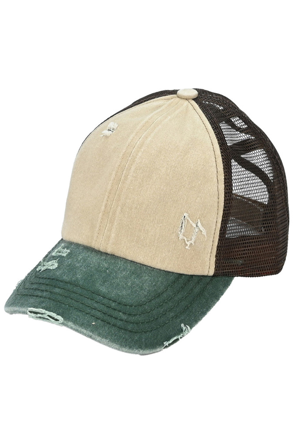 Beige-HunterGreen C.C 3 Tone Crossed Mesh Back Trucker Pony Cap combines stylish design with functionality. Its mesh back allows for breathability, while the crossed design adds a unique touch. Perfect for those looking for a trendy yet practical cap option.