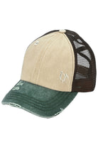 Beige-HunterGreen C.C 3 Tone Crossed Mesh Back Trucker Pony Cap combines stylish design with functionality. Its mesh back allows for breathability, while the crossed design adds a unique touch. Perfect for those looking for a trendy yet practical cap option.