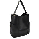 Black 2in1 Chic Satchel Side Pocket With Long Strap Bucket Bag, This casual crossbody bucket bag is super soft Vegan leather and has convenient side pockets to carry water bottles, phones, or glasses and a removable zipper pouch. Gold hardware. Extra bag inside and strap to make it a crossbody. Perfect for carrying around your stuff, this bag is big enough for all your daily essentials.
