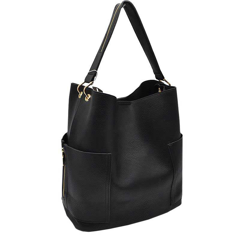 Black 2in1 Chic Satchel Side Pocket With Long Strap Bucket Bag, This casual crossbody bucket bag is super soft Vegan leather and has convenient side pockets to carry water bottles, phones, or glasses and a removable zipper pouch. Gold hardware. Extra bag inside and strap to make it a crossbody. Perfect for carrying around your stuff, this bag is big enough for all your daily essentials.