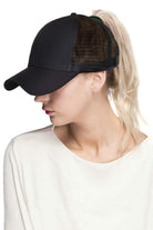 Black C.C BASEBALL PONYCAP is a stylish and versatile accessory for any outfit. With its durable material and adjustable fit, it offers long-lasting comfort and protection from the sun. Plus, its classic baseball cap design adds a touch of sporty sophistication. Perfect for any casual or active occasion.
