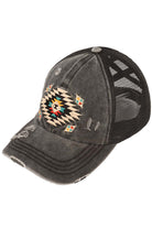 Black C.C AZTEC PATCH DISTRESSED PONY CAP is a stylish and versatile accessory that combines functionality with fashion. Made of high-quality materials, it features an eye-catching aztec patch design and a distressed finish for a trendy look. Stay protected from the sun and add a touch of personality to your outfit with this must-have cap.