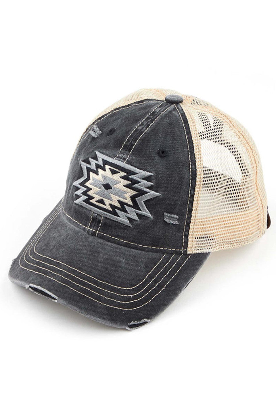 Black-C.C Aztec Patch Mesh Ponycap offers a stylish and breathable option for your outdoor activities. With its unique mesh design and eye-catching Aztec patch, this ponycap provides both fashion and functionality. Stay cool and trendy while protecting your head and face from the sun.