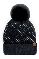 Black C.C Allover Rhinestone Pom Beanie combines expert craftsmanship with stylish practicality. Crafted from soft, warm knit material, this beanie is adorned with shimmering rhinestones for an elegant yet understated sparkle. The plush pom on top adds a classic touch while ensuring cozy protection against cold weather. Perfect for elevating your winter wardrobe, it offers a refined blend of comfort, durability, and sophistication. 