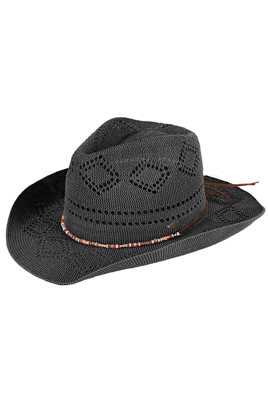 Black C.C Beaded Charm Trim Woven Cowboy Hat is the perfect accessory for any western inspired look. With intricate beaded charm trim, this hat adds a touch of elegance to its woven design. Made from durable materials, it provides both style and functionality. Upgrade your outfit with this stylish cowboy hat.