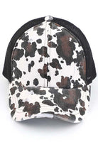 Black C.C cow print criss cross ponycap is the perfect blend of style and functionality. The adjustable criss cross design allows for a comfortable and secure fit, while the unique cow print pattern adds a touch of fun to any outfit. Made with high-quality materials, this ponycap is durable and long-lasting.