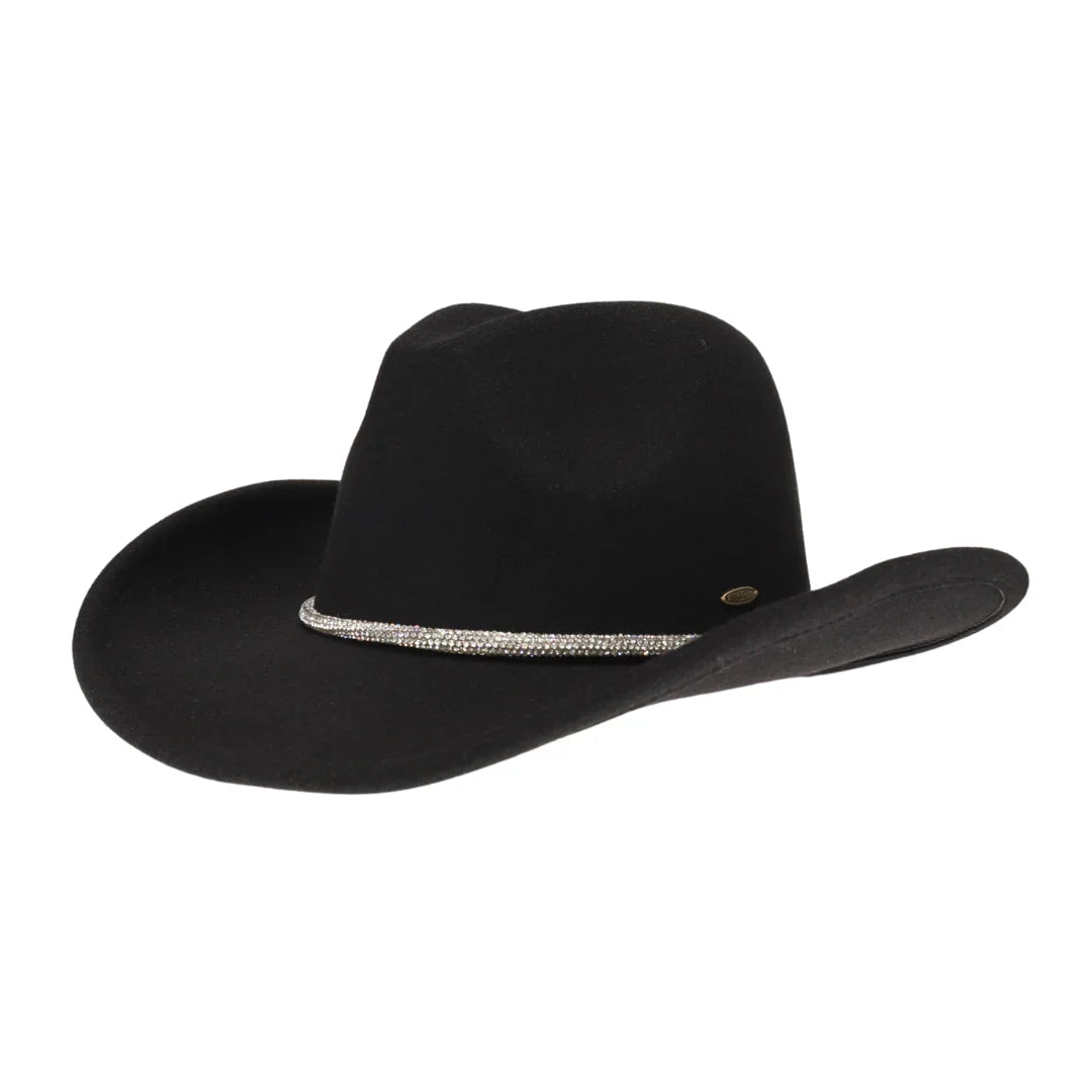 Black C.C Cowboy Vegan Felt Hat is made with high-quality materials and features a fashionable Rhinestone String Trim Band. Stay stylish and cruelty-free with this must-have accessory.