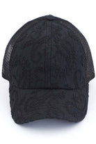 Black C.C FANCY EMBROIDERY STITCH CRISS CROSS PONYCAP is expertly crafted with intricate embroidery and a unique criss cross design. It provides both fashion and function, keeping the sun out of your eyes while adding a stylish touch to your outfit.