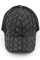 Black C.C FLOWER EMBROIDERY EYELET CRISS CROSS PONYCAP features delicate flower embroidery and eyelet detailing, with a criss cross design for a chic and stylish look. Made with quality materials, this cap offers both fashion and functionality. Perfect for any casual or outdoor activity, it will keep you cool and covered.