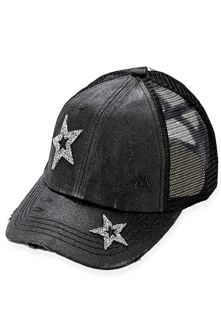 Black C.C Hand Spray Glitter Star Trucker Hat Pony Cap adds a touch of sparkle to any outfit. With its hand-sprayed glitter design and star embellishments, this hat is sure to catch the eye. Not only stylish, but it also provides protection from the sun with its trucker-style design. Perfect for adding some fun and flair to any look.