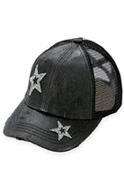 Black C.C Hand Spray Glitter Star Trucker Hat Pony Cap adds a touch of sparkle to any outfit. With its hand-sprayed glitter design and star embellishments, this hat is sure to catch the eye. Not only stylish, but it also provides protection from the sun with its trucker-style design. Perfect for adding some fun and flair to any look.