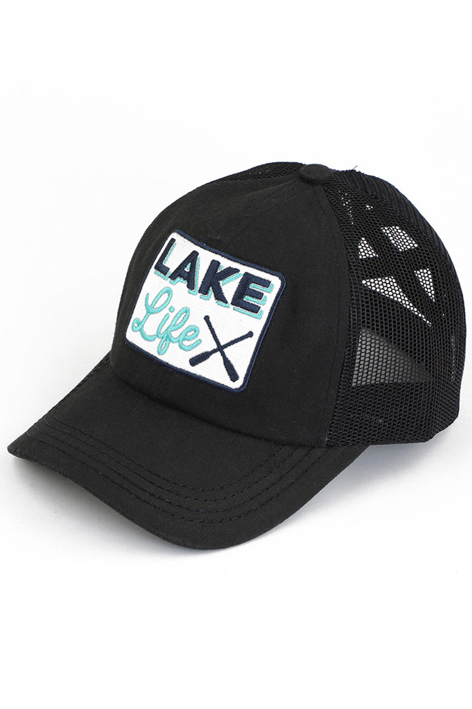Black C.C LAKE LIFE PATCH CRISS CROSS PONY CAP is the perfect accessory for those who love spending time at the lake. The crisscross pony cap design adds a stylish touch, while the lakelife patch showcases your love for the great outdoors. Made with high-quality materials, this cap provides both comfort and durability.