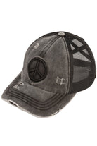 Black C.C PEACE SIGN DISTRESSED PONY CAP - the perfect addition to your wardrobe for a trendy look. Made from high-quality materials, this cap features a peace sign design and distressed details that add character and edge to any outfit. Stay stylish and spread good vibes with this cap.