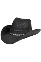 Black C.C cowboy hat features a stunning rhinestone trim band, adding a touch of glamour to any outfit. Made with high-quality materials, this hat is durable and stylish, making it the perfect accessory for any outdoor event or ranch adventure. Stay protected from the sun while looking chic with this C.C cowboy hat.
