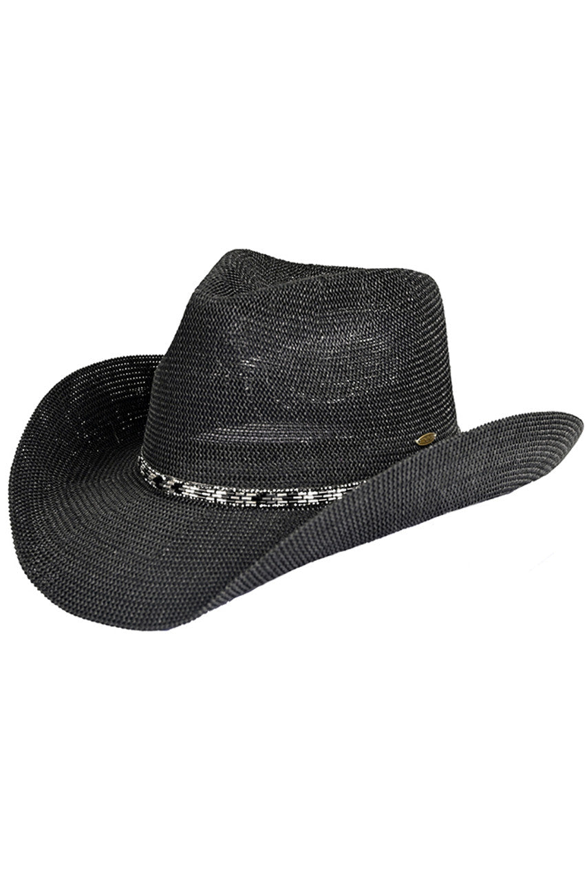 Black C.C cowboy hat features a stunning rhinestone trim band, adding a touch of glamour to any outfit. Made with high-quality materials, this hat is durable and stylish, making it the perfect accessory for any outdoor event or ranch adventure. Stay protected from the sun while looking chic with this C.C cowboy hat.