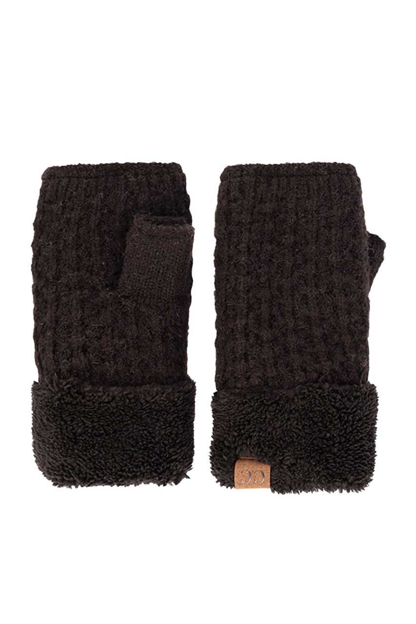 Black C.C Smocking Stitch Pattern Fingerless Gloves. Comfortable, soft brushed poly stretch knit, finished with a hint of stretch for comfort and flexibility. Wear as fingerless gloves or cover up as mitten, either way you will love these glitters in soft neutral colors. Perfect Gift Birthday, Christmas, Stocking Stuffer, Secret Santa, Holiday, Anniversary, Valentine's Day, Loved One.