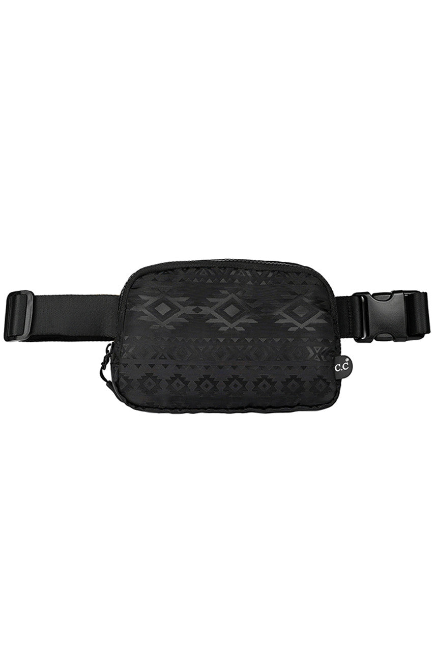 Black C.C South Western Pattern Fanny Pack combines style and functionality in one compact accessory. With a unique South Western pattern, this fanny pack is perfect for both casual and outdoor adventures. Keep all your essentials close by and hands-free with this must-have accessory.