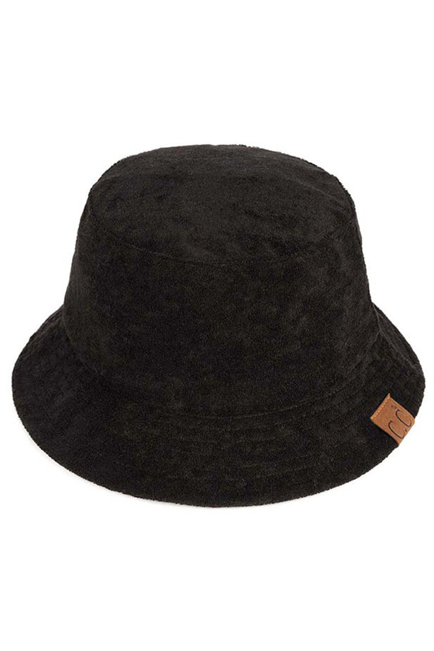 Black C.C. Terry Cloth Bucket Hat offers both style and functionality. It is made with high-quality terry cloth material, providing a comfortable and breathable fit. Perfect for sunny days, it also offers protection from harmful UV rays. Upgrade your summer wardrobe now.
