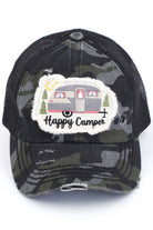 Black Camo C.C HAPPY CAMPER PATCH VINTAGE PONY CAP is a stylish and trendy accessory for any outdoor enthusiast. Made with high-quality materials, it features a vintage pony design and a bold "Happy Camper" patch, making it a perfect addition to any outfit. Stay fashionable and protected from the sun with this cap.