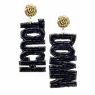 Black Gold Felt Back Touch Down Message Beaded Dangle Earrings. Gift someone or yourself these ultra-chic earrings, they will take your look up a notch, these sports themed earrings versatile enough for wearing straight through the week, coordinate with any ensemble from business casual to wear, the perfect addition to every outfit. Perfect jewelry gift to expand a woman's fashion wardrobe with a modern, on trend style.