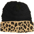 Black Matching Cuff Leopard Print CC Beanie combines expert craftsmanship with standout style. Designed with a comfortable cuff and eye-catching leopard pattern, this beanie offers reliable warmth and a fashionable look. Its stretchy fabric ensures a secure fit for extended wear, making it an ideal accessory for cool weather while enhancing your seasonal wardrobe with a touch of wild sophistication. 