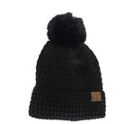 Black C.C Waffle Knit Pattern Cuff Pom Pom Beanie Hat, Stay warm in style with this. Made from a warm and cozy waffle knit pattern with a fashionable cuff and a pom pom on top, this beanie hat is sure to keep you warm in any weather and make you stand out in the crowd. Perfect winter gift idea. 