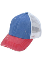 Blue C.C 3 Tone Crossed Mesh Back Trucker Pony Cap combines stylish design with functionality. Its mesh back allows for breathability, while the crossed design adds a unique touch. Perfect for those looking for a trendy yet practical cap option.