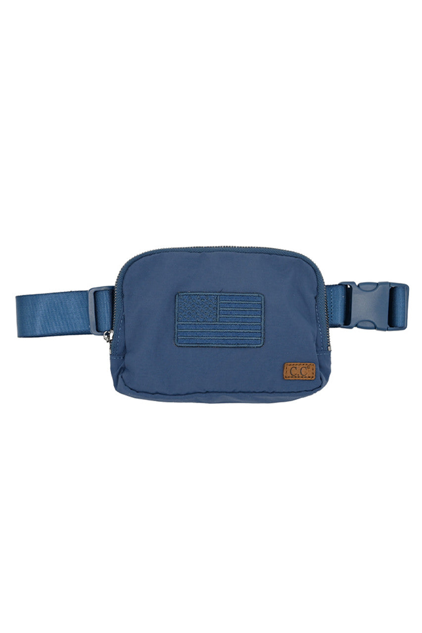 Blue C.C American Flag Embroidery Patch Fanny Pack is a stylish and practical accessory for everyday use. Crafted with an embroidered American flag patch, this fanny pack is both patriotic and fashionable. With its spacious compartments and adjustable waist strap, it offers convenience and hands-free functionality. Perfect for carrying essentials while showing off your American pride.