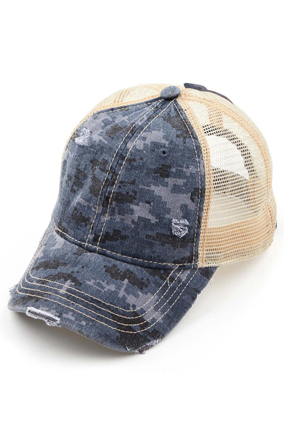 Blue C.C Digital Camo Mesh Ponycap offers a unique and stylish design paired with functionality. Its digital camouflage pattern and mesh material provide a modern look while keeping your head cool. Perfect for outdoor activities or casual wear, this cap is a must-have for any fashion-forward individual.