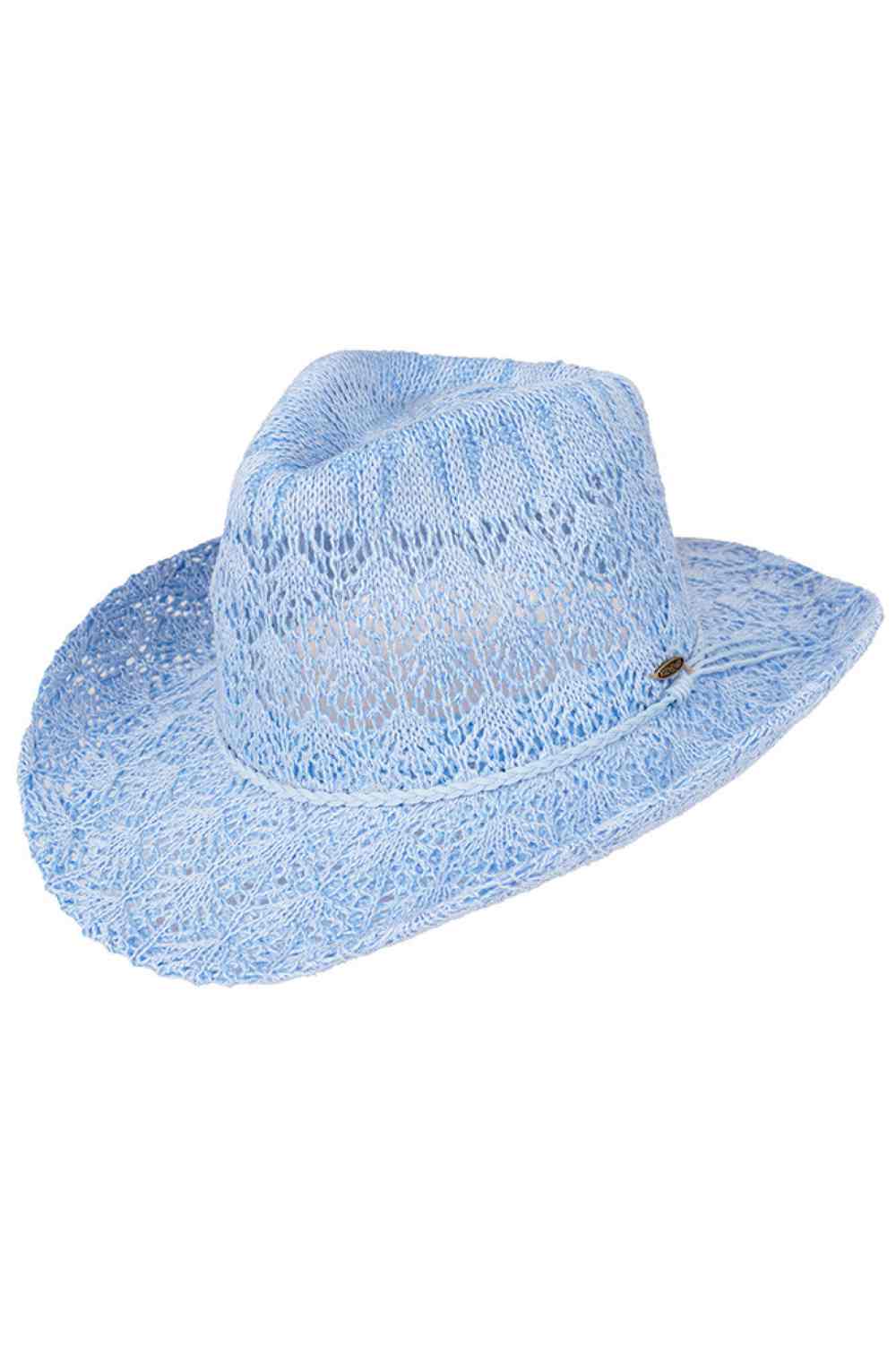 Blue C.C. Horseshoe Lace Knitting Cowboy Hat is expertly crafted with intricate lace details and a classic western design. Made with high-quality materials, it offers both style and functionality, perfect for any outdoor adventure. Keep the sun out of your eyes while adding a touch of elegance to your outfit.