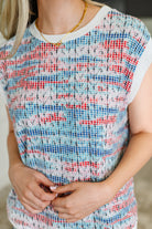 Blurred Beauty Textured Knit Top in Blue, Red and White - Charming Charlie