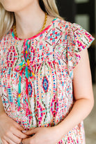 Boho and Behold Flutter Sleeve Dress in Blush/Fuchsia/Mint - Charming Charlie