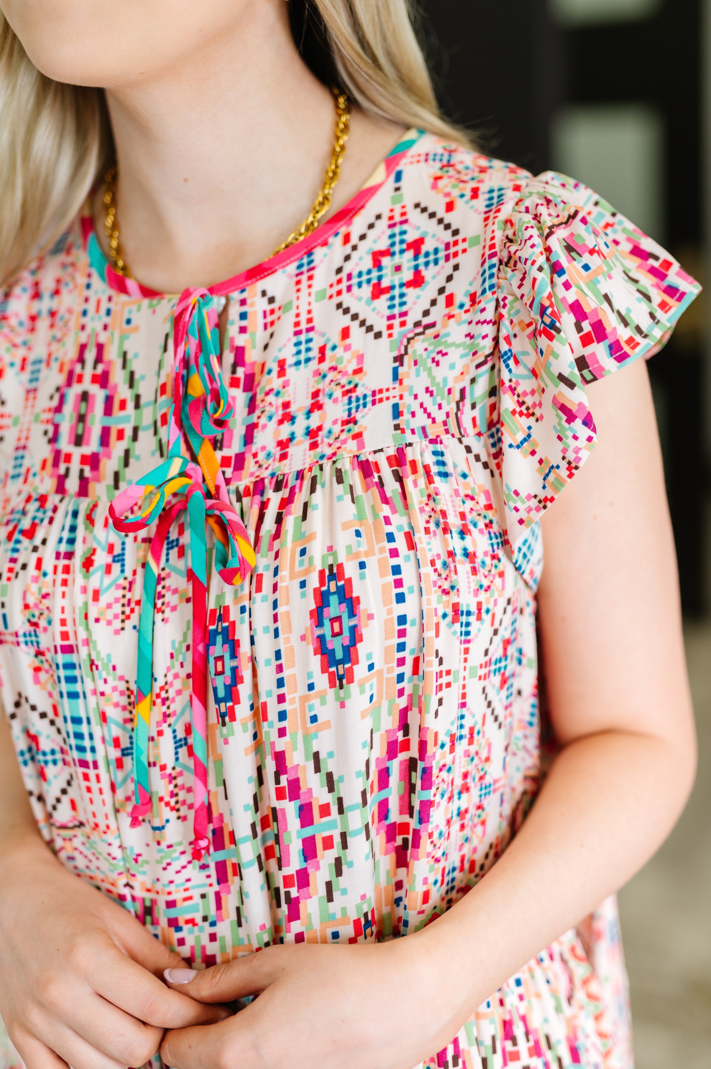Boho and Behold Flutter Sleeve Dress in Blush/Fuchsia/Mint - Charming Charlie