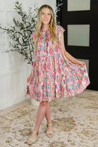 Boho and Behold Flutter Sleeve Dress in Blush/Fuchsia/Mint - Charming Charlie
