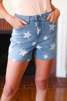 Light Wash Star Print High Rise Denim Shorts - Charming Charlie