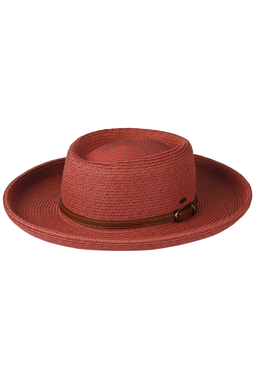 Brick C.C Vegan Leather Trim Boater Hat is a stylish accessory that will elevate any outfit. Made with vegan leather trim, this hat adds a touch of luxury while being cruelty-free. Its boater style not only looks fashionable but also provides excellent sun protection.